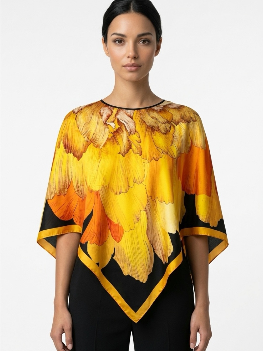 Like New |•100% SILK FEELING POLYESTER•| Yellow, Orange & Black Floral Poncho